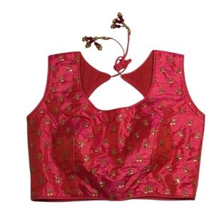 Hot Pink Banarasi Silk Choli Blouse • Gold Embroidery Tie Back